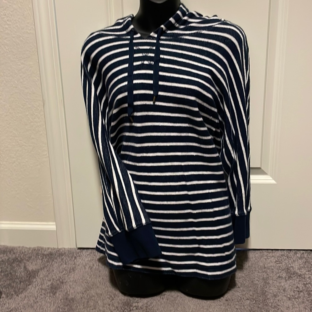 Blue and white stripe all cotton hooded sweatshirt XL